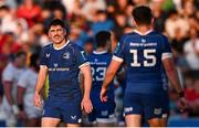 18 May 2024; Jimmy O'Brien, left, and Hugo Keenan of Leinster during the United Rugby Championship match between Ulster and Leinster at Kingspan Stadium in Belfast. Photo by Ramsey Cardy/Sportsfile