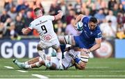 18 May 2024; Jack Conan of Leinster is tackled by John Cooney, left, and David McCann of Ulster during the United Rugby Championship match between Ulster and Leinster at Kingspan Stadium in Belfast. Photo by Ramsey Cardy/Sportsfile