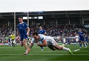 18 May 2024; Jacob Stockdale of Ulster dives over to score his side's second try during the United Rugby Championship match between Ulster and Leinster at Kingspan Stadium in Belfast. Photo by Harry Murphy/Sportsfile