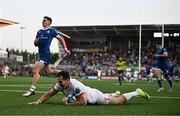 18 May 2024; Jacob Stockdale of Ulster dives over to score his side's second try during the United Rugby Championship match between Ulster and Leinster at Kingspan Stadium in Belfast. Photo by Harry Murphy/Sportsfile