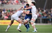18 May 2024; Jack Conan of Leinster is tackled by Stuart McCloskey, left, and David McCann of Ulster during the United Rugby Championship match between Ulster and Leinster at Kingspan Stadium in Belfast. Photo by Ramsey Cardy/Sportsfile