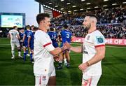 18 May 2024; Billy Burns, left, and John Cooney of Ulster after their side's victory in the United Rugby Championship match between Ulster and Leinster at Kingspan Stadium in Belfast. Photo by Harry Murphy/Sportsfile