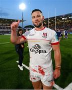 18 May 2024; John Cooney of Ulster celebrates after the United Rugby Championship match between Ulster and Leinster at Kingspan Stadium in Belfast. Photo by Ramsey Cardy/Sportsfile