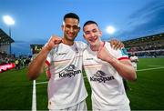 18 May 2024; Cormac Izuchukwu, left, and Harry Sheridan of Ulster celebrate after the United Rugby Championship match between Ulster and Leinster at Kingspan Stadium in Belfast. Photo by Ramsey Cardy/Sportsfile