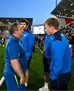 18 May 2024; Ulster head coach Richie Murphy speaks to his son and Leinster player Ben Murphy after the United Rugby Championship match between Ulster and Leinster at Kingspan Stadium in Belfast. Photo by Harry Murphy/Sportsfile