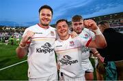 18 May 2024; Jacob Stockdale, left, Mike Lowry, centre, and Scott Wilson of Ulster celebrate after the United Rugby Championship match between Ulster and Leinster at Kingspan Stadium in Belfast. Photo by Ramsey Cardy/Sportsfile