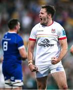 18 May 2024; Jacob Stockdale of Ulster celebrates at the final whistle of the United Rugby Championship match between Ulster and Leinster at Kingspan Stadium in Belfast. Photo by Ramsey Cardy/Sportsfile