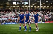 18 May 2024; Leinster players, from left, Max Deegan, Jack Conan and Jimmy O'Brien after their side's defeat in the United Rugby Championship match between Ulster and Leinster at Kingspan Stadium in Belfast. Photo by Harry Murphy/Sportsfile