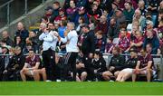 18 May 2024; The Galway bench, including manager Pádraic Joyce, coach Cian O'Neill, left, and replaced players Damien Comer, second from right, and John Maher, right, during the GAA Football All-Ireland Senior Championship Round 1 match between Galway and Derry at Pearse Stadium in Galway. Photo by Stephen McCarthy/Sportsfile