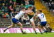 18 May 2024; David Clifford of Kerry is blocked down by Killian Lavelle and Conor McCarthy of Monaghan during the GAA Football All-Ireland Senior Championship Round 1 match between Kerry and Monaghan at Fitzgerald Stadium in Killarney, Kerry. Photo by Brendan Moran/Sportsfile