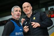 18 May 2024; Clare manager Mark Fitzgerald and selector James Costelloe, right, discuss a late substitute during the GAA Football All-Ireland Senior Championship Round 1 match between Clare and Cork at Cusack Park in Ennis, Clare. Photo by Ray McManus/Sportsfile