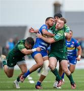 18 May 2024; Suleiman Hartzenberg of DHL Stormers is tackled by Tiernan O’Halloran, left. and David Hawkshaw of Connacht during the United Rugby Championship match between Connacht and DHL Stormers at The Sportsground in Galway. Photo by Michael P Ryan/Sportsfile