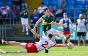 19 May 2024; Cormac Dillon of Kerry had a shot blocked by Joey Clarke of Tyrone during the EirGrid GAA Football All-Ireland U20 Championship final match between Kerry and Tyrone at Laois Hire O’Moore Park in Portlaoise, Laois. Photo by Harry Murphy/Sportsfile