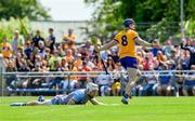 19 May 2024; David Fitzgerald of Clare celebrates scoring his side's second goal, in the 27th minute, during the Munster GAA Hurling Senior Championship Round 4 match between Clare and Waterford at Cusack Park in Ennis, Clare. Photo by Ray McManus/Sportsfile