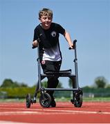 19 May 2024; Robert Downey, age 11, from Tramore, Waterford competing on the track as young athletes begin 100-day countdown to Paralympics 2024. IWA-Sport para-athletes pictured at the annual Jamie Boyle Games, Para Athletics Grand Prix 2024, which took place in Templemore Athletics Club, Tipperary, on Sunday 19th May, hosted by Irish Wheelchair Association, IWA-Sport. The event saw IWA Sport para-athletes competing in field and track events varying from U8 to senior athletes. Photo by David Fitzgerald/Sportsfile