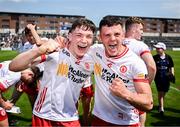 19 May 2024; Joey Clarke, left, and Michael Rafferty of Tyrone after their side's victory in the EirGrid GAA Football All-Ireland U20 Championship final match between Kerry and Tyrone at Laois Hire O’Moore Park in Portlaoise, Laois. Photo by Harry Murphy/Sportsfile