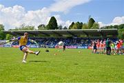 19 May 2024; Wicklow goalkeeper Mark Jackson kicks a free during the warm up before the Tailteann Cup Round 2 match between Wicklow and Laois at Echelon Park in Aughrim, Wicklow. Photo by Stephen Marken/Sportsfile