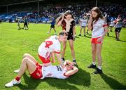 19 May 2024; Shea O'Hare, bottom, and Callan Kelly of Tyrone after their side's victory in the EirGrid GAA Football All-Ireland U20 Championship final match between Kerry and Tyrone at Laois Hire O’Moore Park in Portlaoise, Laois. Photo by Harry Murphy/Sportsfile