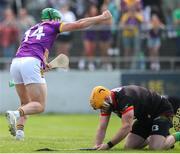 19 May 2024; Conor McDonald of Wexford celebrates after scoring his side's first goal during the Leinster GAA Hurling Senior Championship Round 4 match between Carlow and Wexford at Netwatch Cullen Park in Carlow. Photo by Michael P Ryan/Sportsfile