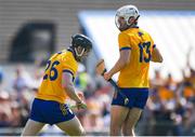 19 May 2024; Tony Kelly of Clare, left, celebrates after scoring his side's fourth goal during the Munster GAA Hurling Senior Championship Round 4 match between Clare and Waterford at Cusack Park in Ennis, Clare. Photo by John Sheridan/Sportsfile