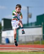 19 May 2024; Paul Maher, age 9, from Borrisokane, Tipperary competing in the long jump as young athletes begin 100-day countdown to Paralympics 2024. IWA-Sport para-athletes pictured at the annual Jamie Boyle Games, Para Athletics Grand Prix 2024, which took place in Templemore Athletics Club, Tipperary, on Sunday 19th May, hosted by Irish Wheelchair Association, IWA-Sport. The event saw IWA Sport para-athletes competing in field and track events varying from U8 to senior athletes. Photo by David Fitzgerald/Sportsfile