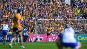 19 May 2024; Clare players Tony Kelly, 26, and Aidan McCarthy celebratee the 4th Clare goal during the Munster GAA Hurling Senior Championship Round 4 match between Clare and Waterford at Cusack Park in Ennis, Clare. Photo by Ray McManus/Sportsfile