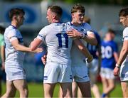 19 May 2024; Eoin Lowry, 11, and Conor Heffernan of Laois celebrate after their side's victory in the Tailteann Cup Round 2 match between Wicklow and Laois at Echelon Park in Aughrim, Wicklow. Photo by Stephen Marken/Sportsfile