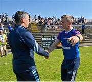 19 May 2024; Wicklow manager Oisin McConville and Laois manager Justin McNulty shake hands after the Tailteann Cup Round 2 match between Wicklow and Laois at Echelon Park in Aughrim, Wicklow. Photo by Stephen Marken/Sportsfile