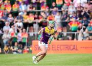 19 May 2024; Conor McDonald of Wexford celebrates after scoring his side's second goal during the Leinster GAA Hurling Senior Championship Round 4 match between Carlow and Wexford at Netwatch Cullen Park in Carlow. Photo by Michael P Ryan/Sportsfile