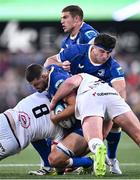 18 May 2024; Max Deegan of Leinster, supported by Thomas Clarkson, is tackled by Tom Stewart of Ulster during the United Rugby Championship match between Ulster and Leinster at Kingspan Stadium in Belfast. Photo by Ramsey Cardy/Sportsfile