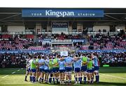 18 May 2024; Leinster players huddle before the United Rugby Championship match between Ulster and Leinster at Kingspan Stadium in Belfast. Photo by Harry Murphy/Sportsfile