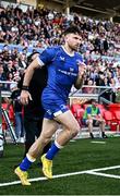 18 May 2024; Hugo Keenan of Leinster runs out before the United Rugby Championship match between Ulster and Leinster at Kingspan Stadium in Belfast. Photo by Harry Murphy/Sportsfile