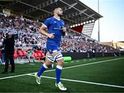 18 May 2024; Max Deegan of Leinster runs out before the United Rugby Championship match between Ulster and Leinster at Kingspan Stadium in Belfast. Photo by Harry Murphy/Sportsfile