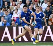 18 May 2024; Hugo Keenan, left, and Rob Russell of Leinster during the United Rugby Championship match between Ulster and Leinster at Kingspan Stadium in Belfast. Photo by Harry Murphy/Sportsfile