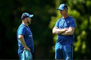 20 May 2024; Head coach Leo Cullen, right, speaks with senior kitman Jim Bastick during a Leinster Rugby squad training session at UCD in Dublin. Photo by Harry Murphy/Sportsfile