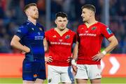 17 May 2024; Ben Healy of Edinburgh, left, with Calvin Nash, centre, and Shane Daly of Munster after the United Rugby Championship match between Edinburgh and Munster at the Hive Stadium in Edinburgh, Scotland. Photo by Mark Scates/Sportsfile
