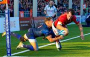 17 May 2024; Antoine Frisch of Munster scores a try during the United Rugby Championship match between Edinburgh and Munster at the Hive Stadium in Edinburgh, Scotland. Photo by Mark Scates/Sportsfile