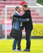 20 May 2024; Shelbourne manager Damien Duff, right, meets his old manager and Virgin Media soccer analyst Brian Kerr before the SSE Airtricity Men's Premier Division match between St Patrick's Athletic and Shelbourne at Richmond Park in Dublin. Photo by Brendan Moran/Sportsfile