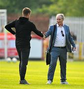 20 May 2024; Virgin Media soccer analyst Brian Kerr, right, meets his former player, Shelbourne manager Damien Duff, before the SSE Airtricity Men's Premier Division match between St Patrick's Athletic and Shelbourne at Richmond Park in Dublin. Photo by Brendan Moran/Sportsfile