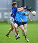 20 May 2024; Josh Kennedy of Dublin in action against Cormac Flynn of Longford during the Electric Ireland Leinster GAA Football Minor Championship Final match between Longford and Dublin at Glenisk O'Connor Park in Tullamore, Offaly. Photo by David Fitzgerald/Sportsfile