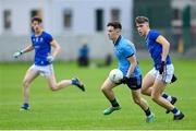 20 May 2024; Danny McGill of Dublin in action against Luke Donnelly of Longford during the Electric Ireland Leinster GAA Football Minor Championship Final match between Longford and Dublin at Glenisk O'Connor Park in Tullamore, Offaly. Photo by David Fitzgerald/Sportsfile