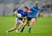20 May 2024; James Hagan of Longford in action against Killian Costello of Dublin during the Electric Ireland Leinster GAA Football Minor Championship Final match between Longford and Dublin at Glenisk O'Connor Park in Tullamore, Offaly. Photo by David Fitzgerald/Sportsfile