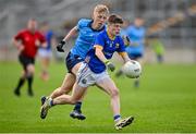 20 May 2024; James Hagan of Longford in action against Killian Costello of Dublin during the Electric Ireland Leinster GAA Football Minor Championship Final match between Longford and Dublin at Glenisk O'Connor Park in Tullamore, Offaly. Photo by David Fitzgerald/Sportsfile