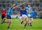 20 May 2024; Sean Fagan of Longford in action against Shane Devane of Dublin during the Electric Ireland Leinster GAA Football Minor Championship Final match between Longford and Dublin at Glenisk O'Connor Park in Tullamore, Offaly. Photo by David Fitzgerald/Sportsfile