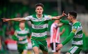 20 May 2024; Johnny Kenny of Shamrock Rovers celebrates with teammate Trevor Clarke, right, after scoring their side's first goal during the SSE Airtricity Men's Premier Division match between Shamrock Rovers and Derry City at Tallaght Stadium in Dublin. Photo by Ramsey Cardy/Sportsfile