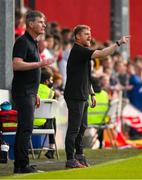 20 May 2024; Shelbourne manager Damien Duff, right, and St Patrick's Athletic manager Stephen Kenny during the SSE Airtricity Men's Premier Division match between St Patrick's Athletic and Shelbourne at Richmond Park in Dublin. Photo by Brendan Moran/Sportsfile
