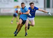 20 May 2024; Charlie Loughran of Dublin in action against Peter Farrell of Longford during the Electric Ireland Leinster GAA Football Minor Championship Final match between Longford and Dublin at Glenisk O'Connor Park in Tullamore, Offaly. Photo by David Fitzgerald/Sportsfile