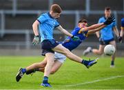 20 May 2024; Senan Bolger of Dublin in action against Mark Cooney of Longford during the Electric Ireland Leinster GAA Football Minor Championship Final match between Longford and Dublin at Glenisk O'Connor Park in Tullamore, Offaly. Photo by David Fitzgerald/Sportsfile