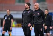 20 May 2024; Derry City manager Ruaidhrí Higgins, left, and Derry City assistant manager Paul Hegarty during the SSE Airtricity Men's Premier Division match between Shamrock Rovers and Derry City at Tallaght Stadium in Dublin. Photo by Ramsey Cardy/Sportsfile