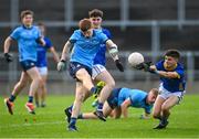 20 May 2024; Senan Bolger of Dublin in action against Ben Blessington of Longford during the Electric Ireland Leinster GAA Football Minor Championship Final match between Longford and Dublin at Glenisk O'Connor Park in Tullamore, Offaly. Photo by David Fitzgerald/Sportsfile